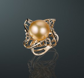 Кольцо с жемчугом бриллианты кп-17жз: золотистый морской жемчуг, золото 585°