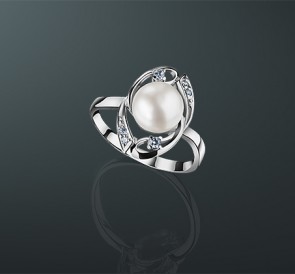 Серебряное кольцо с жемчугом фианиты к-211267: белый пресноводный жемчуг, серебро 925°