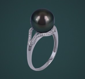 Кольцо с жемчугом бриллианты к-110663бч: чёрный морской жемчуг, золото 585°
