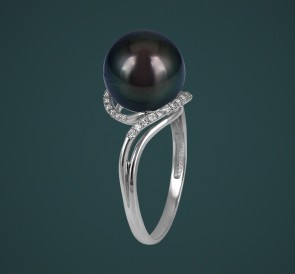 Кольцо с жемчугом бриллианты к-110661бч: чёрный морской жемчуг, золото 585°